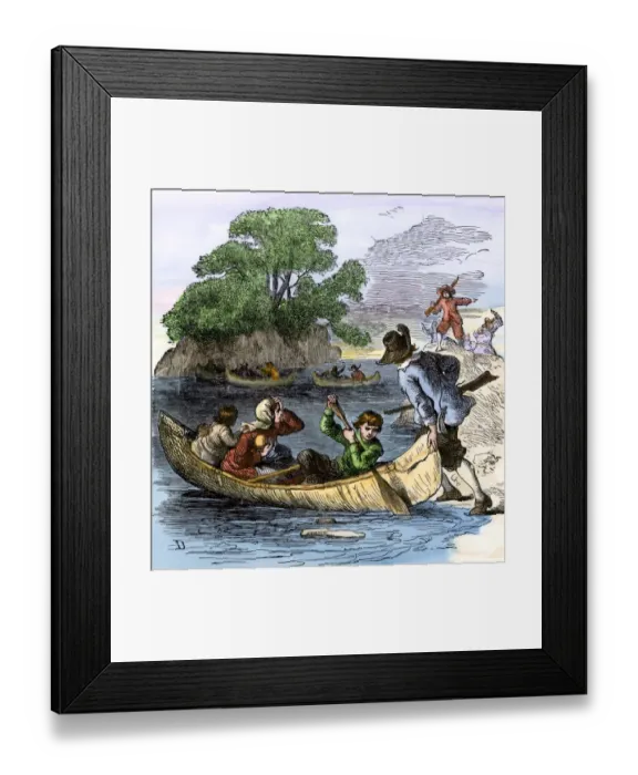 Framed Print : Carolina colonists fleeing in canoes from a Native American attack Framed Print : Carolina colonists fleeing in canoes from a Native American attack