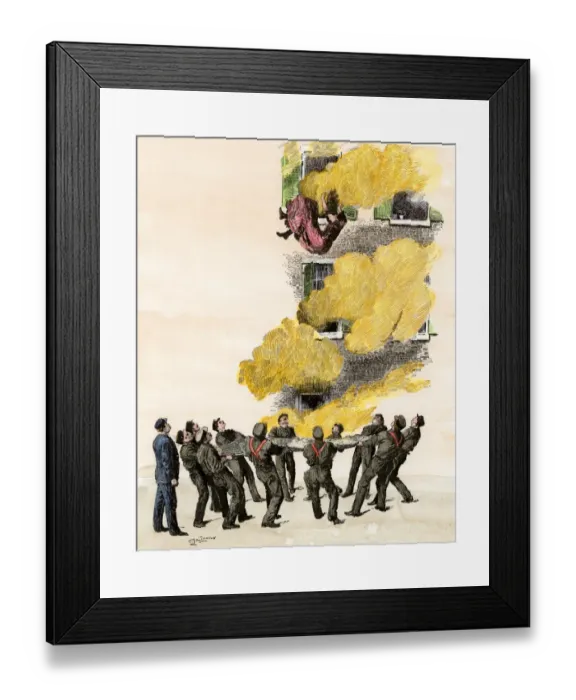 Framed Print : Catching a jumping fire victim, circa 1900 Framed Print : Catching a jumping fire victim, circa 1900