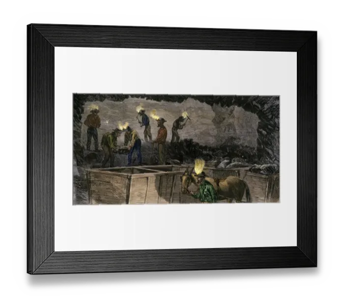 Framed Print : Miners digging and loading coal into an underground mule-drawn cart in Framed Print : Miners digging and loading coal into an underground mule-drawn cart in