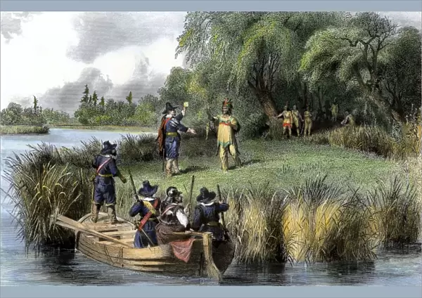 Boston colonists greeted by Native Americans, 1635
