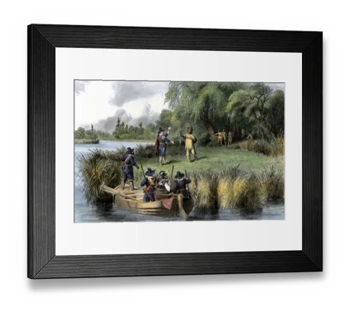 Framed Print : Boston colonists greeted by Native Americans, 1635