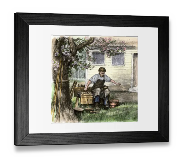 Framed Print : Old-time shoemaker working outdoors Framed Print : Old-time shoemaker working outdoors