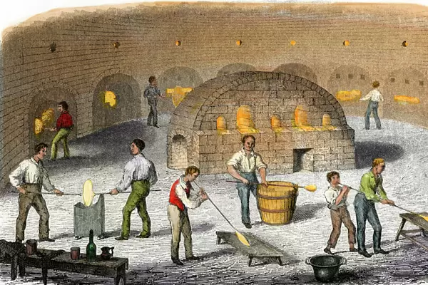 Blowing glass in a British factory, 1800s