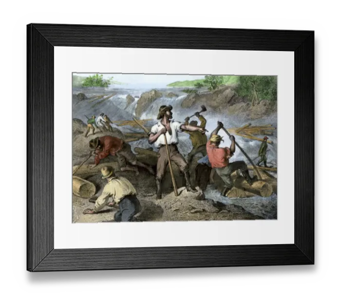 Framed Print : Lumbermen clearing a log-jam on a river Framed Print : Lumbermen clearing a log-jam on a river
