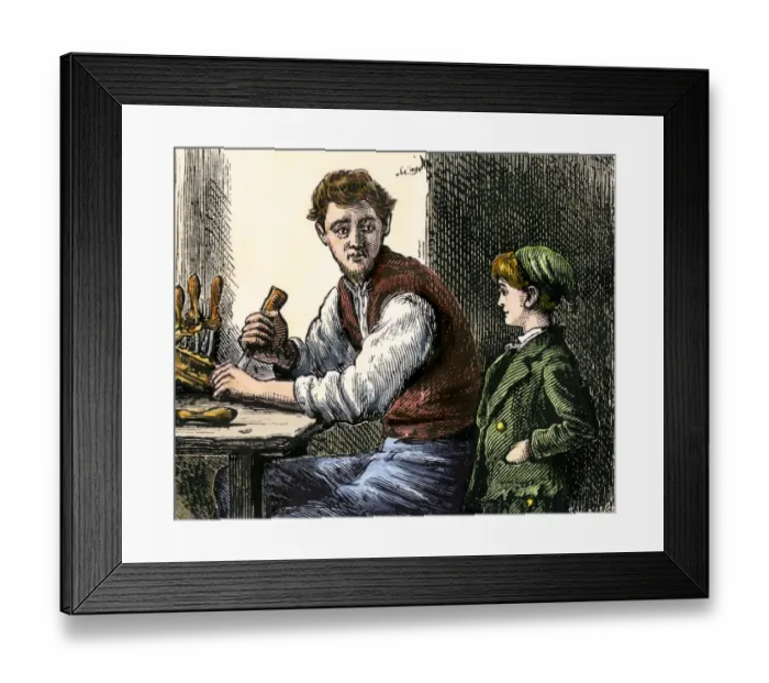 Framed Print : Woodworker showing young boy his tools and techniques Framed Print : Woodworker showing young boy his tools and techniques
