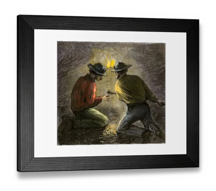 Framed Print : Coal miners tamping an explosive charge in a tunnel Framed Print : Coal miners tamping an explosive charge in a tunnel