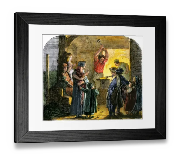 Framed Print : Villagers watching a blacksmith working at his forge Framed Print : Villagers watching a blacksmith working at his forge