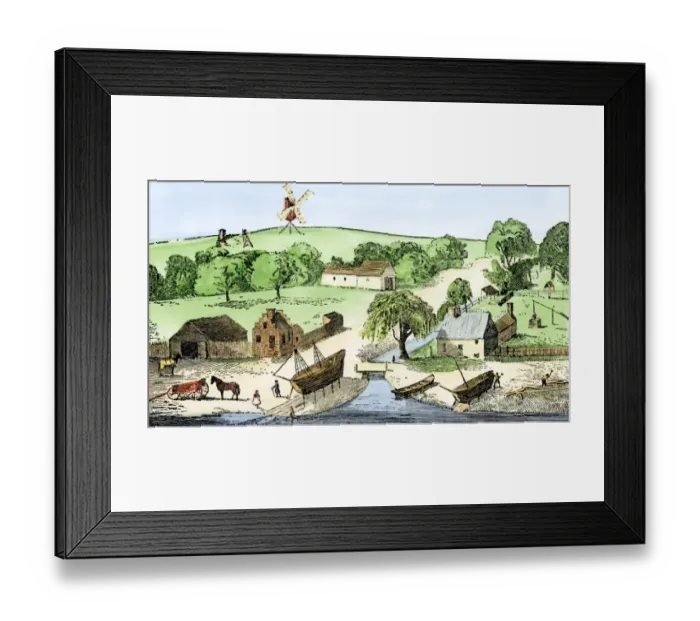 Framed Print : Manhattan Island farm and shipyard, 1600s Framed Print : Manhattan Island farm and shipyard, 1600s
