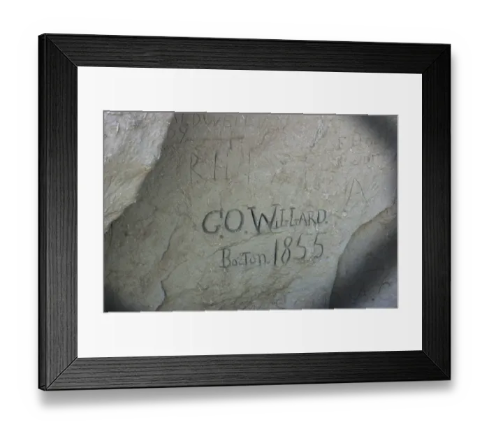 Framed Print : Pioneer name in Register Rock on the Oregon Trail, 1855 Framed Print : Pioneer name in Register Rock on the Oregon Trail, 1855