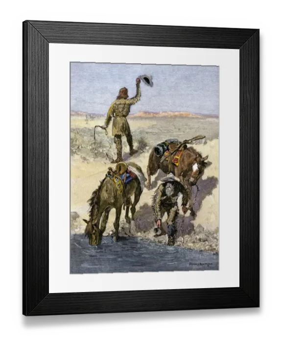 Framed Print : Wagon train scouts signal location of a water hole Framed Print : Wagon train scouts signal location of a water hole