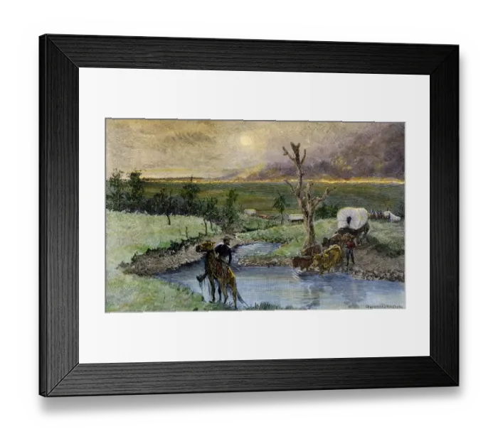 Framed Print : Covered wagons escaping a prairie fire Framed Print : Covered wagons escaping a prairie fire