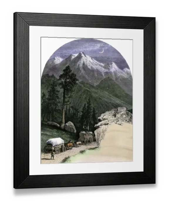 Framed Print : Covered wagons crossing the mountains Framed Print : Covered wagons crossing the mountains