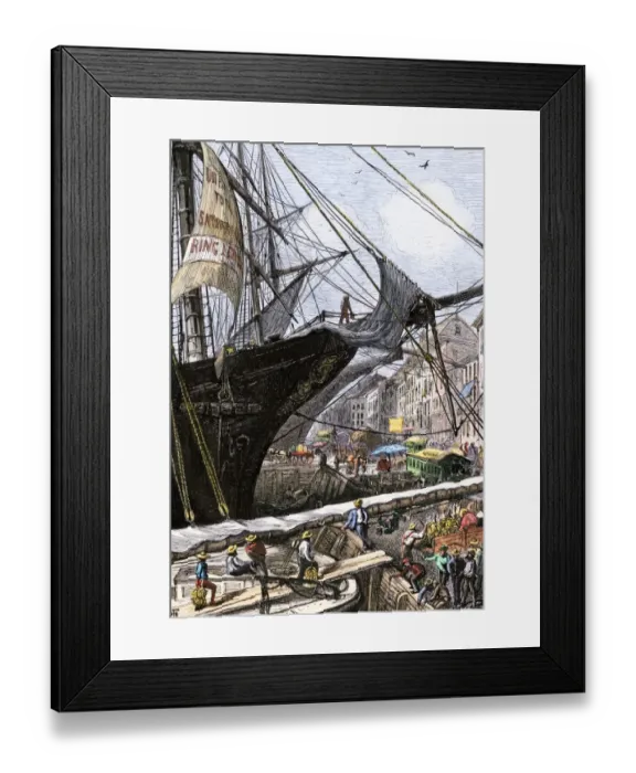 Framed Print : Cargo ship at a New York City wharf, 1870s Framed Print : Cargo ship at a New York City wharf, 1870s
