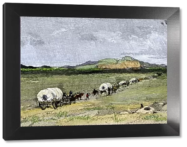 Covered wagons on the Oregon Trail in western Nebraska