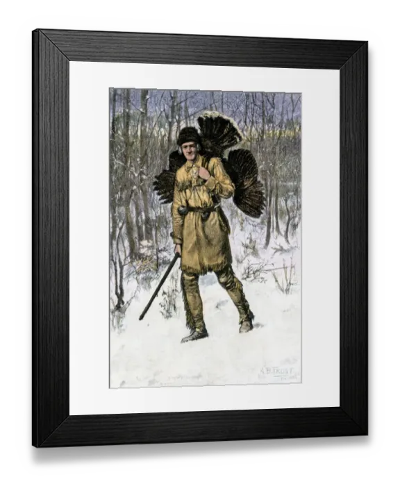 Framed Print : Hunter in buckskin carrying a turkey home through the winter woods