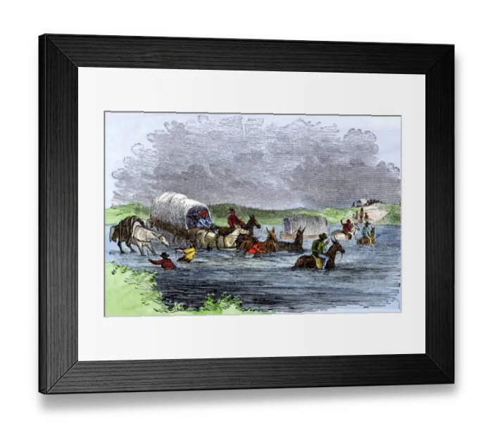 Framed Print : Pioneers fording the Snake River on the Oregon Trail