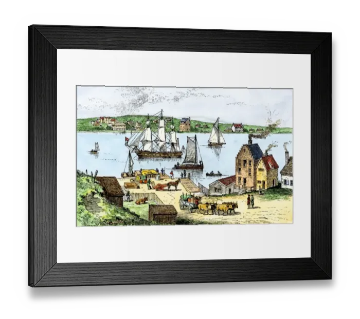 Framed Print : Brooklyn Ferry on the Manhattan shore, 1700s Framed Print : Brooklyn Ferry on the Manhattan shore, 1700s