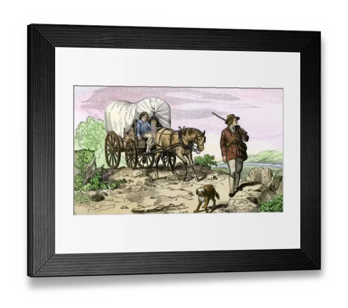 Framed Print : Pioneer family moving west in a covered wagon Framed Print : Pioneer family moving west in a covered wagon