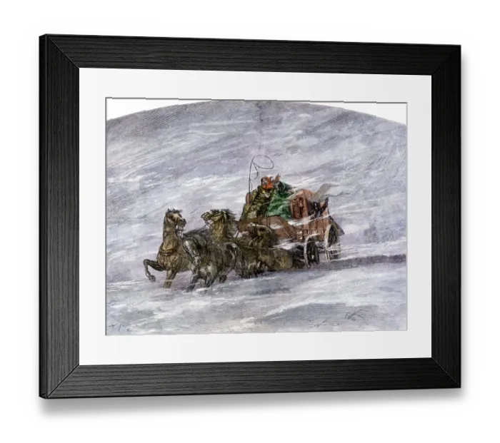 Framed Print : Stagecoach caught in a prairie blizzard Framed Print : Stagecoach caught in a prairie blizzard