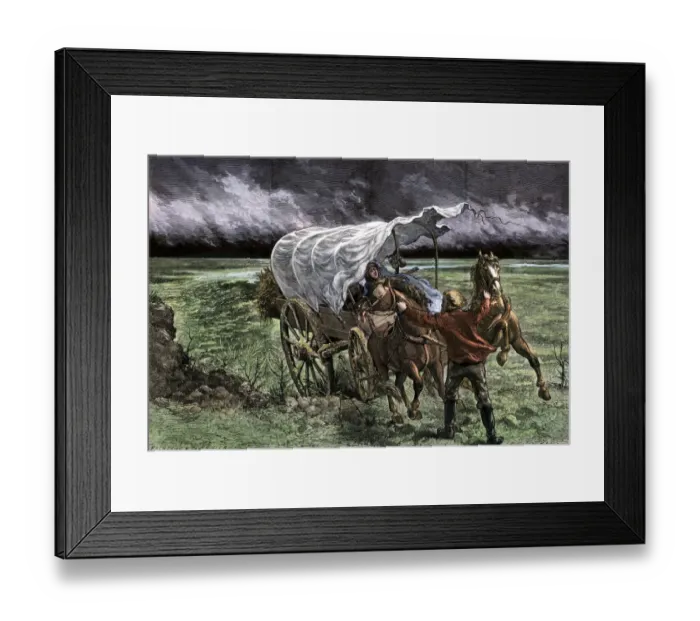 Framed Print : Family in a covered wagon at the approach of a prairie storm Framed Print : Family in a covered wagon at the approach of a prairie storm