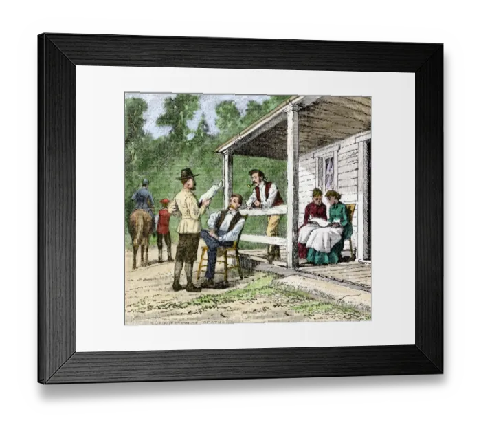 Framed Print : Settlers in front of their cabin in Rugby Framed Print : Settlers in front of their cabin in Rugby