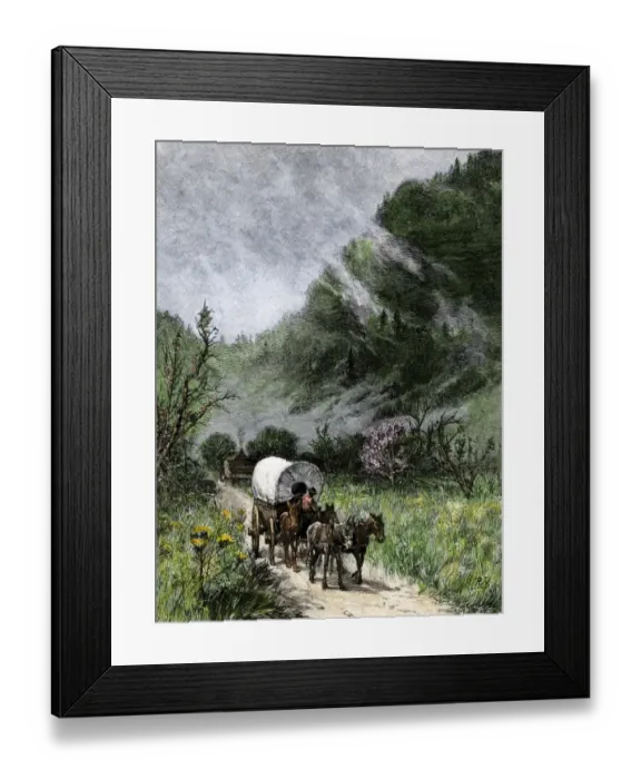 Framed Print : Covered wagon coming through Cumberland Gap on the Wilderness Road on a misty Framed Print : Covered wagon coming through Cumberland Gap on the Wilderness Road on a misty