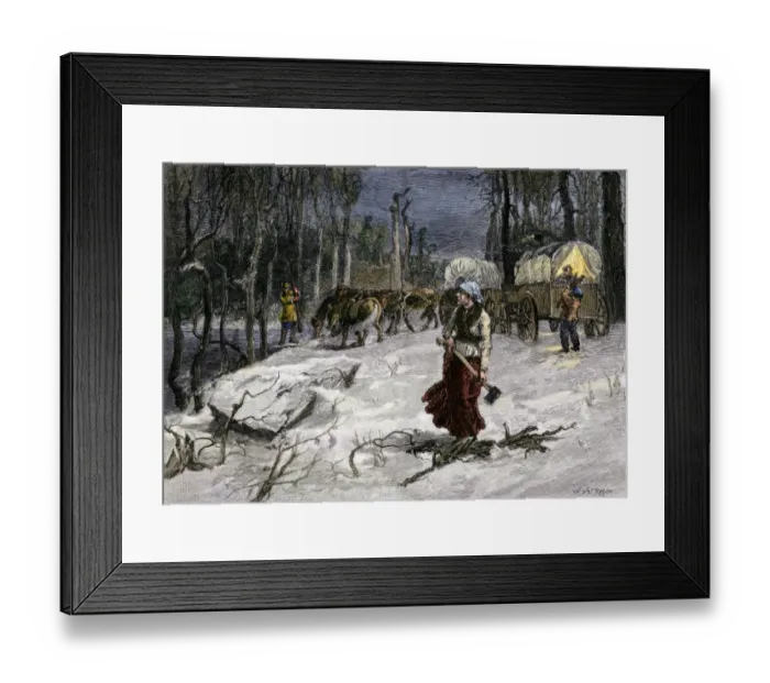 Framed Print : Covered wagon migrants in midwinter making camp for the night Framed Print : Covered wagon migrants in midwinter making camp for the night
