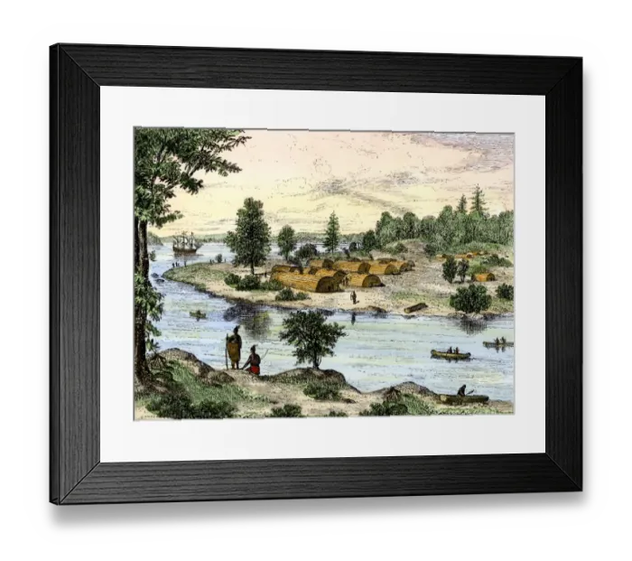 Framed Print : Native American longhouses on Manhattan Island Framed Print : Native American longhouses on Manhattan Island