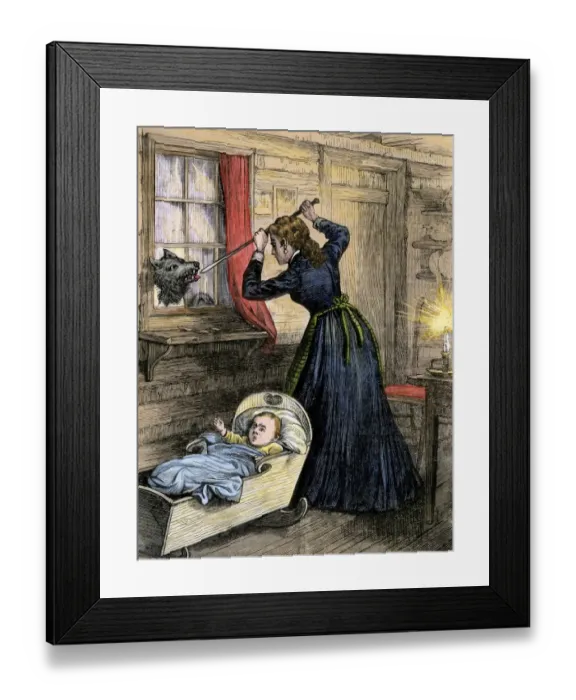 Framed Print : Frontier mother fighting a wolf in a log cabin Framed Print : Frontier mother fighting a wolf in a log cabin