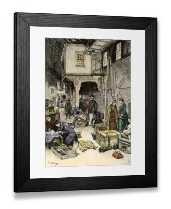 Framed Print : Customs inspectors checking steamship passenger luggage Framed Print : Customs inspectors checking steamship passenger luggage