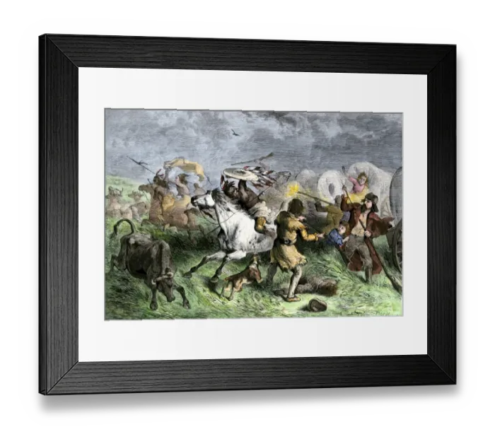 Framed Print : Plains Indians attacking a wagon train of settlers Framed Print : Plains Indians attacking a wagon train of settlers