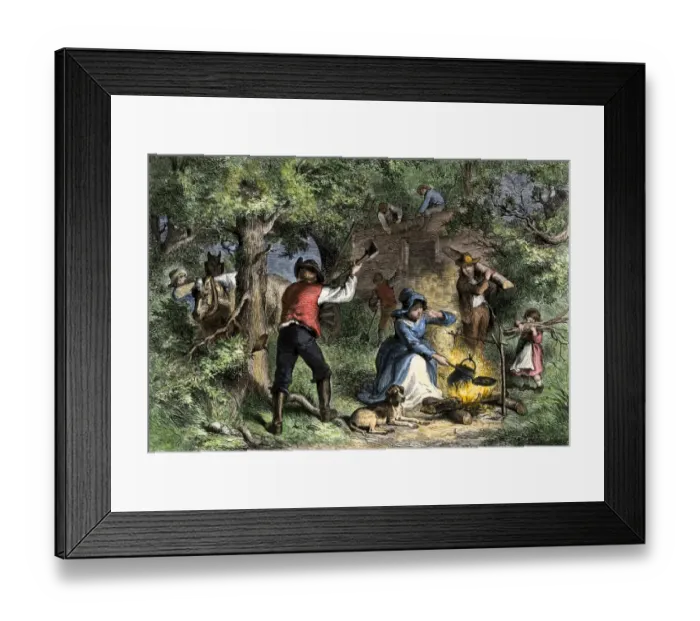 Framed Print : Border settlers in Ohio building a log cabin Framed Print : Border settlers in Ohio building a log cabin