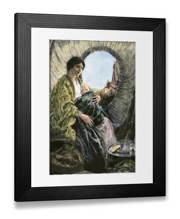 Framed Print : Madonna of the prairies- a mother and child inside a covered wagon Framed Print : Madonna of the prairies- a mother and child inside a covered wagon