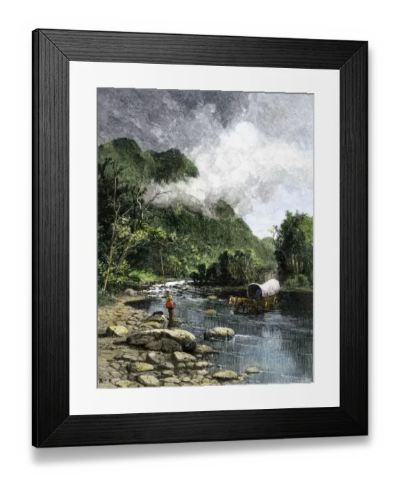 Framed Print : Covered wagon fording the Cumberland River in Kentucky