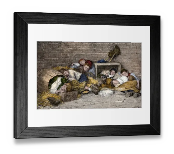 Framed Print : Homeless boys sleeping in an alley, 1890s Framed Print : Homeless boys sleeping in an alley, 1890s