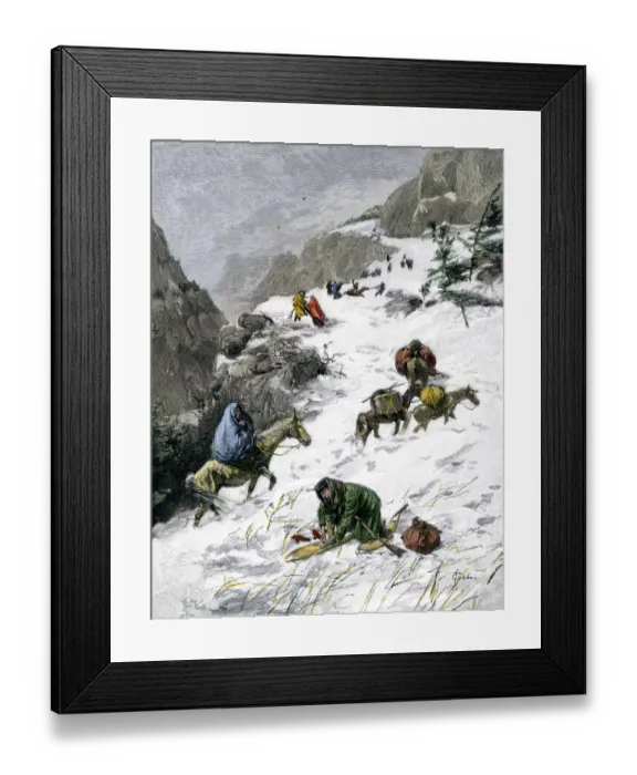 Framed Print : Pioneers in snow on the trail over the Rockies Framed Print : Pioneers in snow on the trail over the Rockies