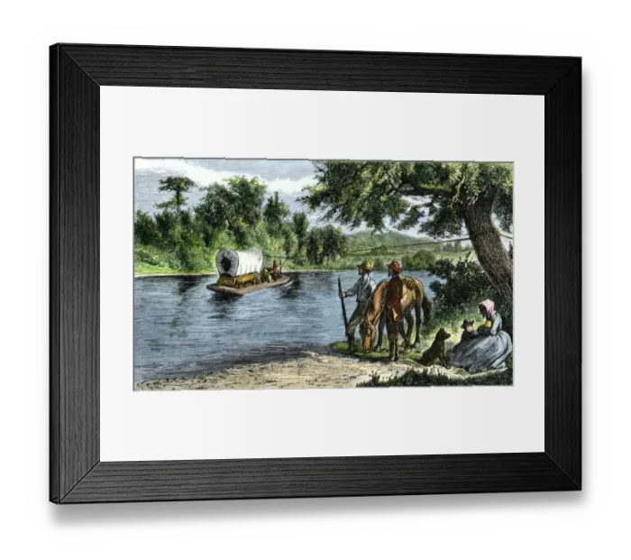 Framed Print : Covered wagon crossing a river by rope ferry Framed Print : Covered wagon crossing a river by rope ferry