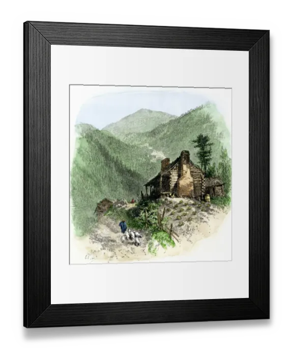 Framed Print : Sheep brought home to a settlers log cabin in the Blue Ridge Mountains Framed Print : Sheep brought home to a settlers log cabin in the Blue Ridge Mountains