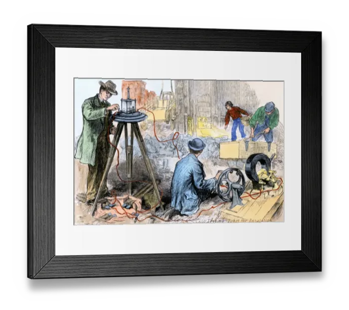 Framed Print : Wiring New York City for electricity, 1880s Framed Print : Wiring New York City for electricity, 1880s