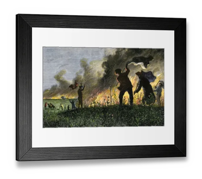 Framed Print : Settlers on the Great Plains fighting a prairie fire Framed Print : Settlers on the Great Plains fighting a prairie fire