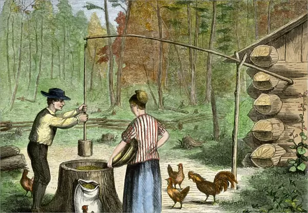 Settlers plumping mill for grinding corn