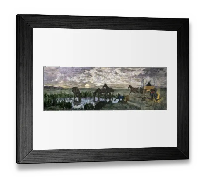 Framed Print : Covered wagon pioneers camp at a water hole in an arid section of trail Framed Print : Covered wagon pioneers camp at a water hole in an arid section of trail