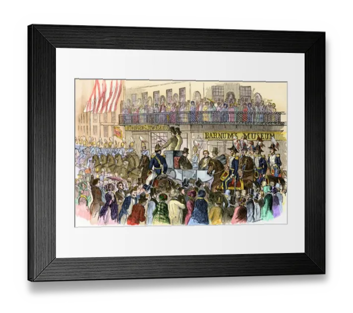 Framed Print : President Fillmores parade passing Barnums Museum on Broadway in New York City
