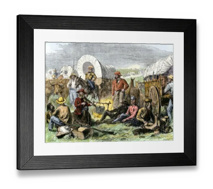 Framed Print : Men around a wagon train campfire at night Framed Print : Men around a wagon train campfire at night