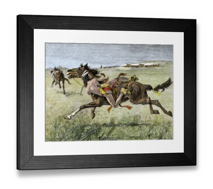 Framed Print : Wagon train attacked by Indians on the Great Plains Framed Print : Wagon train attacked by Indians on the Great Plains
