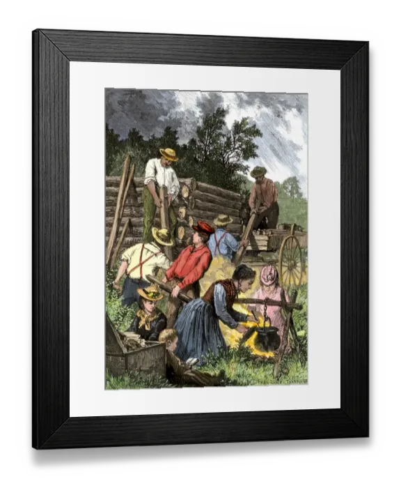 Framed Print : Pioneers building a log cabin, 1800s