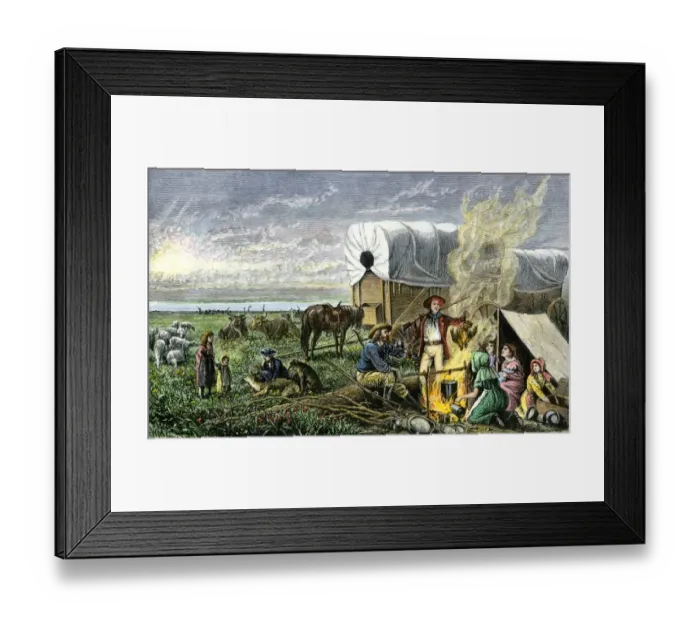 Framed Print : Families camped beside their covered wagons on the prairie Framed Print : Families camped beside their covered wagons on the prairie