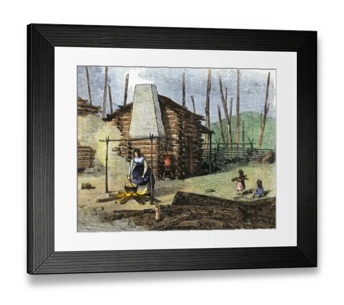Framed Print : Mother and children doing chores near their log cabin in a clearing Framed Print : Mother and children doing chores near their log cabin in a clearing