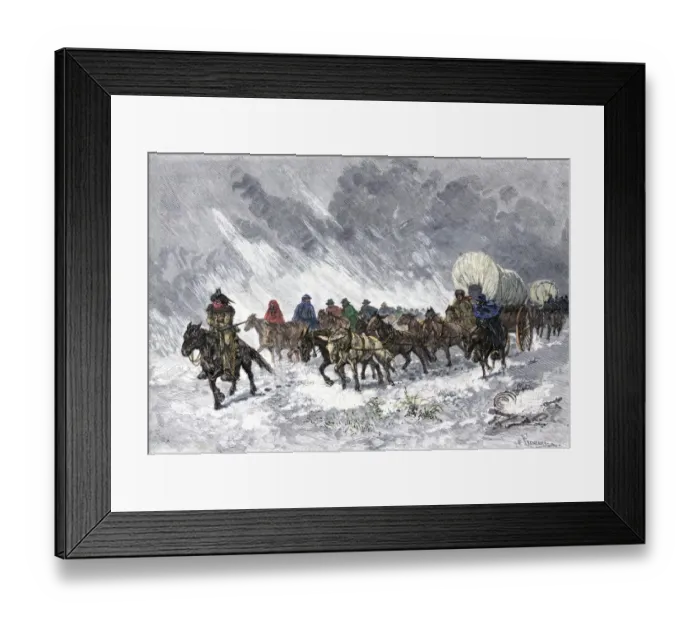 Framed Print : Wagon train in a snowstorm on the Great Plains Framed Print : Wagon train in a snowstorm on the Great Plains