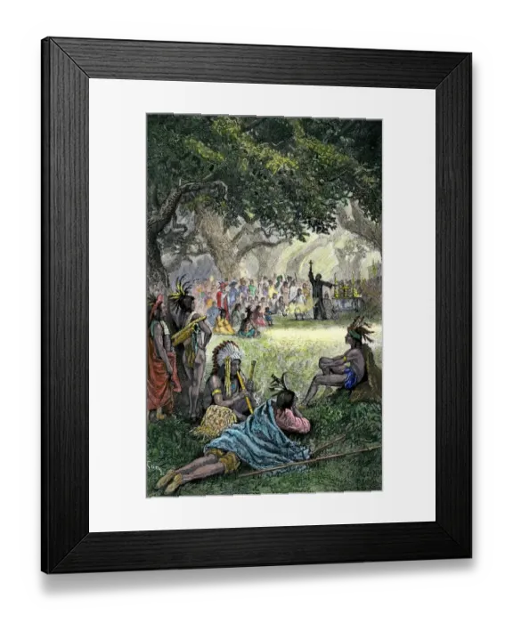 Framed Print : Spanish missionaries addressing Native Americans in California Framed Print : Spanish missionaries addressing Native Americans in California